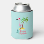 Roze flamingo in een Santa Hat met een palmboomwor Blikjeskoeler (Blikje Achterkant)