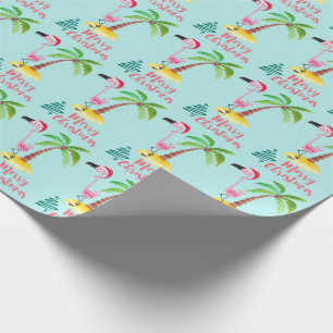 Roze flamingo in een Santa Hat met een palmboomwor Cadeaupapier