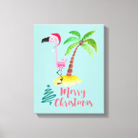 Roze flamingo in een Santa Hat met een palmboomwor