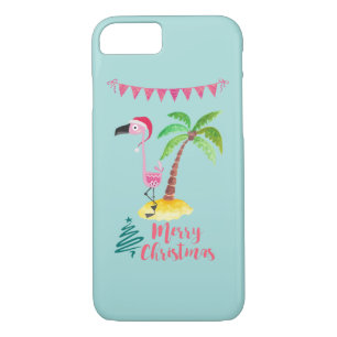 Roze flamingo in een Santa Hat met een palmboomwor iPhone 8/7 Hoesje