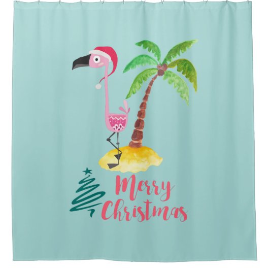 Roze flamingo in een Santa Hat met een palmboomwor Douchegordijn (Voorkant)