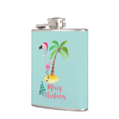 Roze flamingo in een Santa Hat met een palmboomwor Heupfles (Links)