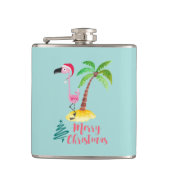 Roze flamingo in een Santa Hat met een palmboomwor Heupfles (Voorkant)