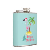 Roze flamingo in een Santa Hat met een palmboomwor Heupfles (Rechts)