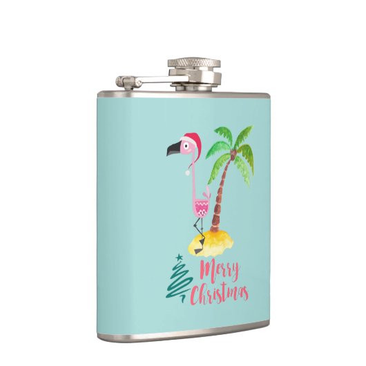 Roze flamingo in een Santa Hat met een palmboomwor Heupfles (Rechts)