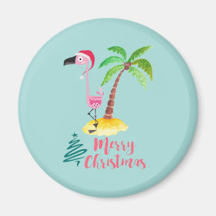 Roze flamingo in een Santa Hat met een palmboomwor Magneet