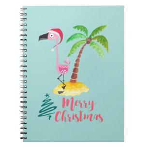 Roze flamingo in een Santa Hat met een palmboomwor Notitieboek