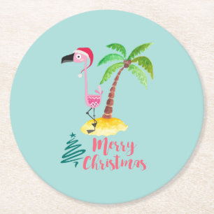 Roze flamingo in een Santa Hat met een palmboomwor Ronde Kartonnen Onderzetter