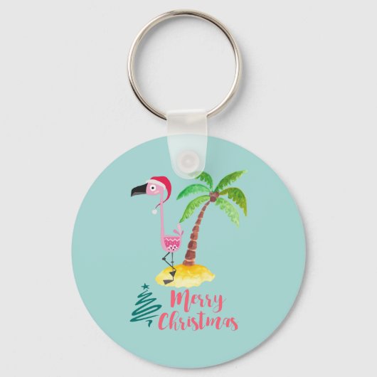 Roze flamingo in een Santa Hat met een palmboomwor Sleutelhanger (Voorkant)