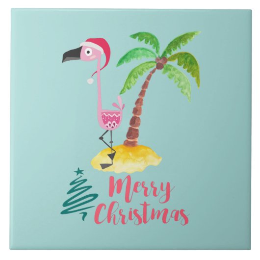Roze flamingo in een Santa Hat met een palmboomwor Tegeltje (Voorkant)