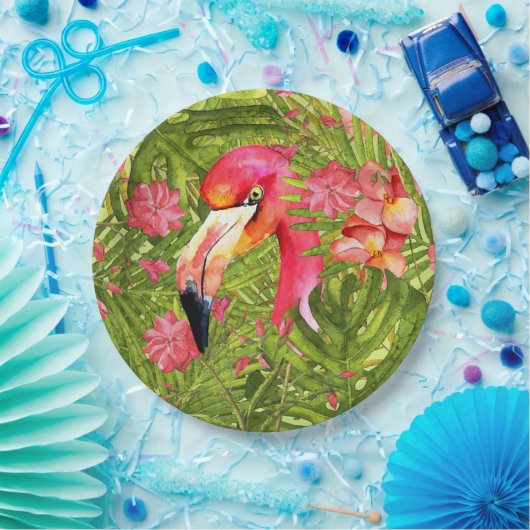 Roze Flamingo in het Oerwoud Palm en Monstera Papieren Bordje (Feest)