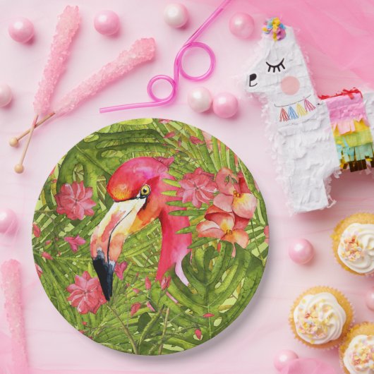 Roze Flamingo in het Oerwoud Palm en Monstera Papieren Bordje (Feest)