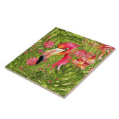 Roze Flamingo in het Oerwoud Palm en Monstera Tegeltje (Zijkant)
