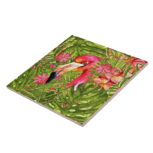 Roze Flamingo in het Oerwoud Palm en Monstera Tegeltje (Zijkant)