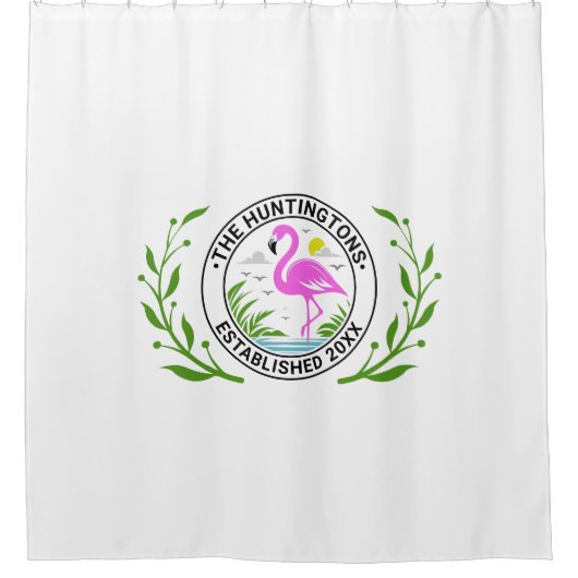 Roze Flamingo in het water Familienaam Datum Estd  Douchegordijn (Voorkant)