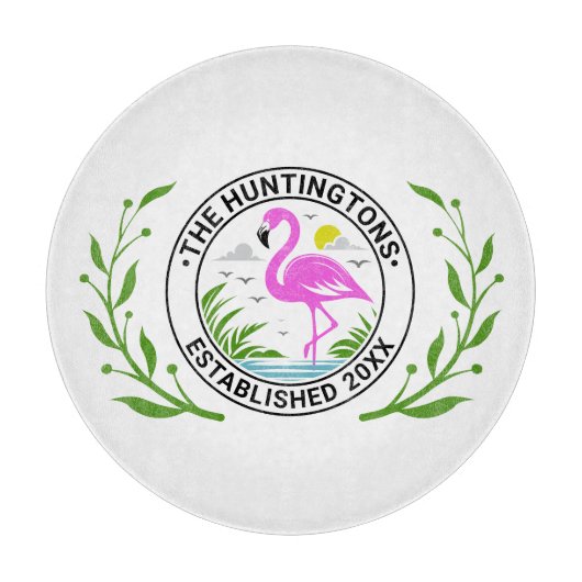 Roze Flamingo in het water Familienaam Datum Estd  Snijplank (Voorkant)