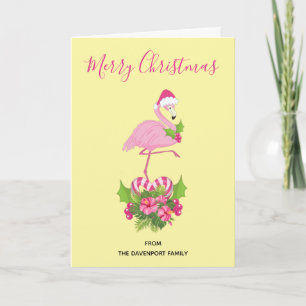 Roze Flamingo in Kerstman Hoed met Boeket van Suik Feestdagen Kaart