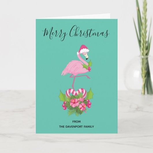 Roze Flamingo in Kerstmannenhoed met Boeket van Su Feestdagen Kaart (Voorkant)