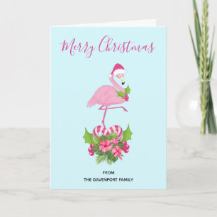 Roze Flamingo in Kerstmannenhoed met Boeket van Su Feestdagen Kaart