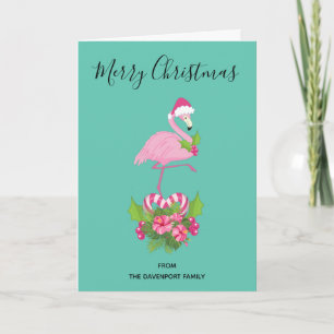 Roze Flamingo in Kerstmuts met Boeket van Suikerri Feestdagen Kaart