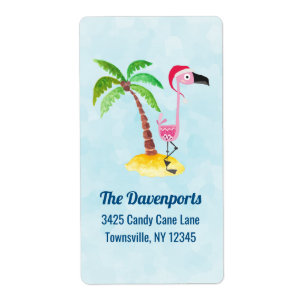 Roze flamingo in Red Santa Hat Kerstmis Etiket