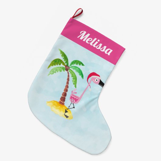 Roze flamingo in Red Santa Hat Kerstmis Grote Kerstsok (Voorkant (Hangend))