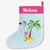 Roze flamingo in Red Santa Hat Kerstmis Grote Kerstsok (Achterkant)