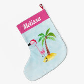Roze flamingo in Red Santa Hat Kerstmis Grote Kerstsok (Achterkant (Hangend))