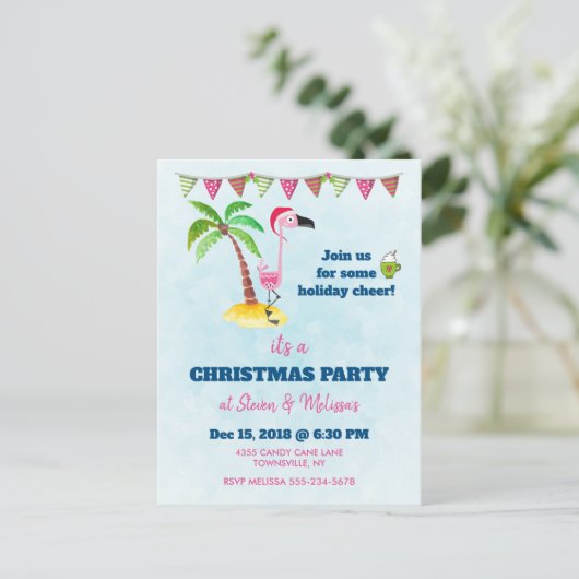 Roze flamingo in Red Santa Hat Kerstparty Briefkaart (Staand voorkant)