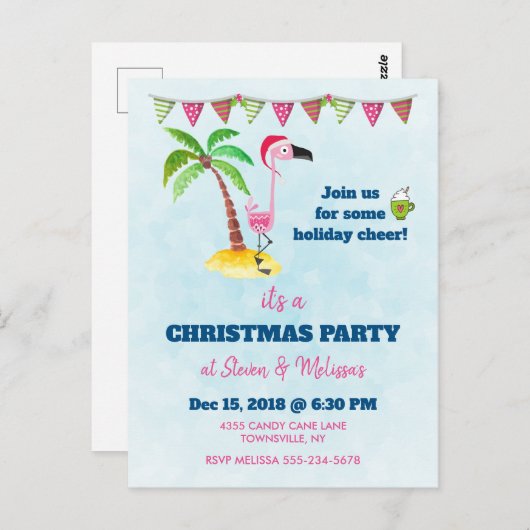 Roze flamingo in Red Santa Hat Kerstparty Briefkaart (Voorkant / Achterkant)