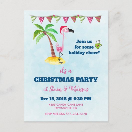 Roze flamingo in Red Santa Hat Kerstparty Briefkaart (Voorkant)