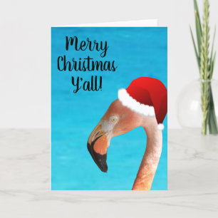 Roze Flamingo in rode cartoon Santa-hoed Feestdagen Kaart