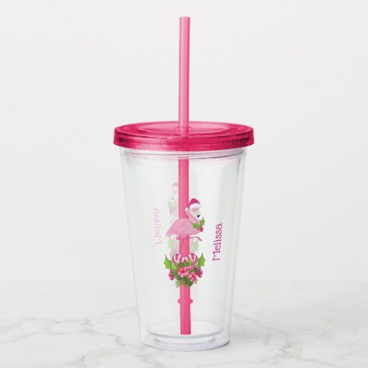 Roze Flamingo in Santa Hat met Candy Cane Bouquet Acryl Drinkbeker (Voorkant)