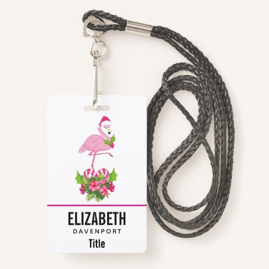 Roze Flamingo in Santa Hat met Candy Cane Bouquet Badge (Voorkant met draagriem)