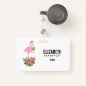 Roze Flamingo in Santa Hat met Candy Cane Bouquet Badge (Voorkant met intrekbare)