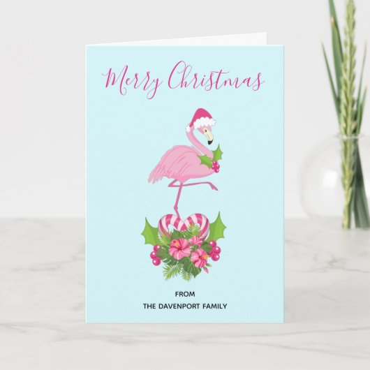 Roze Flamingo in Santa Hat met Candy Cane Bouquet Feestdagen Kaart (Voorkant)