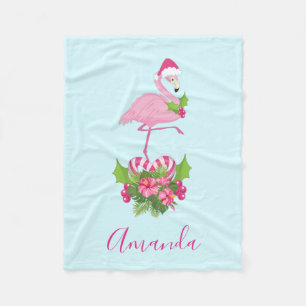 Roze Flamingo in Santa Hat met Candy Cane Bouquet Fleece Deken