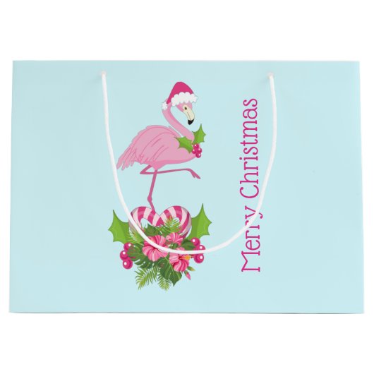 Roze Flamingo in Santa Hat met Candy Cane Bouquet Groot Cadeauzakje (Voorkant)