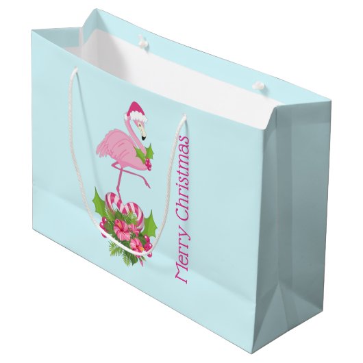 Roze Flamingo in Santa Hat met Candy Cane Bouquet Groot Cadeauzakje (Voorkant Gekanteld)