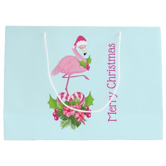 Roze Flamingo in Santa Hat met Candy Cane Bouquet Groot Cadeauzakje (Achterkant)