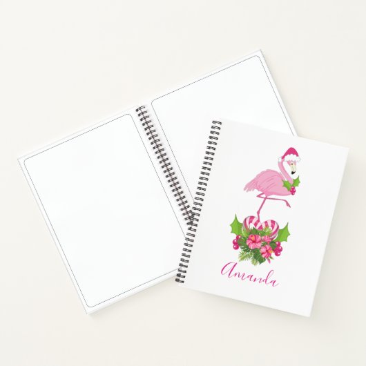 Roze Flamingo in Santa Hat met Candy Cane Bouquet Notitieboek (Binnen)