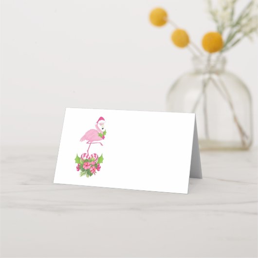Roze Flamingo in Santa Hat met Candy Cane Bouquet Plaatskaartje (Voorkant)