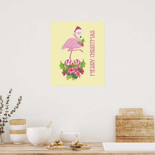 Roze Flamingo in Santa Hat met Candy Cane Bouquet Poster (Keuken)