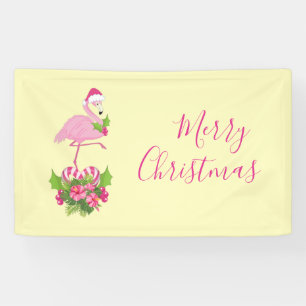 Roze Flamingo in Santa Hat met Candy Cane Bouquet Spandoek