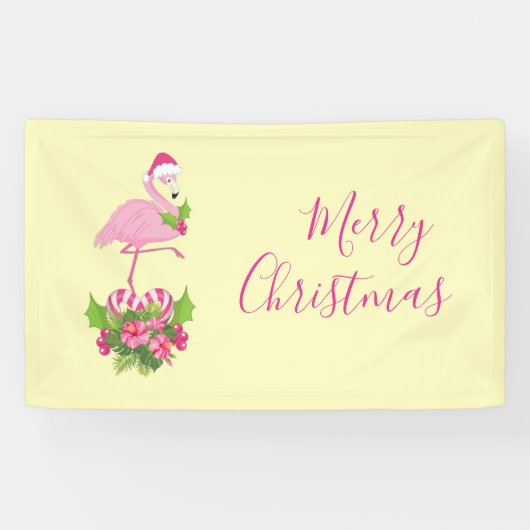 Roze Flamingo in Santa Hat met Candy Cane Bouquet Spandoek (Horizontaal)