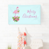 Roze Flamingo in Santa Hat met Candy Cane Bouquet Spandoek (Insitu)