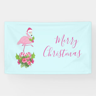 Roze Flamingo in Santa Hat met Candy Cane Bouquet Spandoek