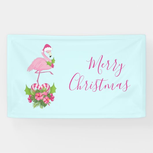 Roze Flamingo in Santa Hat met Candy Cane Bouquet Spandoek (Horizontaal)