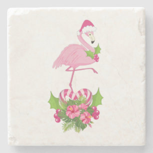 Roze Flamingo in Santa Hat met Candy Cane Bouquet Stenen Onderzetter