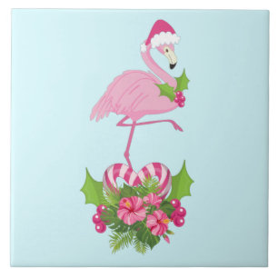 Roze Flamingo in Santa Hat met Candy Cane Bouquet Tegeltje